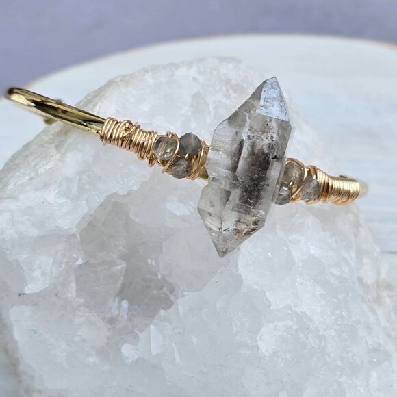 Herkimer Diamond Wire Wrap Cuff 14Kt Gold Over Copper Clarity Talisman Handmade - Picture 9 of 10